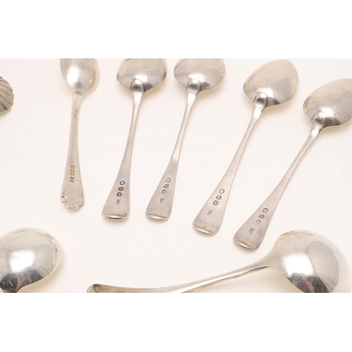 50 - A GEORGE III FIDDLE PATTERN SERVING SPOON. by Thomas Dicks, London 1807, together with 7 teaspoons, ... 