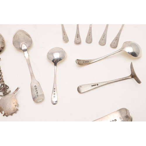 50 - A GEORGE III FIDDLE PATTERN SERVING SPOON. by Thomas Dicks, London 1807, together with 7 teaspoons, ... 