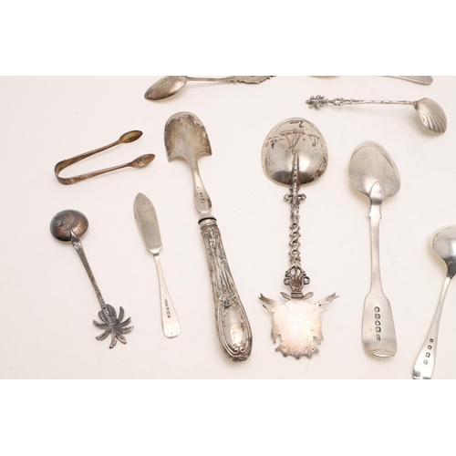 50 - A GEORGE III FIDDLE PATTERN SERVING SPOON. by Thomas Dicks, London 1807, together with 7 teaspoons, ... 