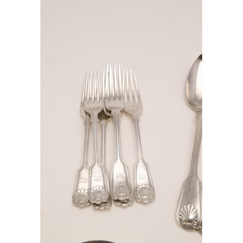 51 - A MATCHED PART-CANTEEN OF FIDDLE, THREAD & SHELL FLATWARE. including: 5 tablespoons, 6 table forks, ... 