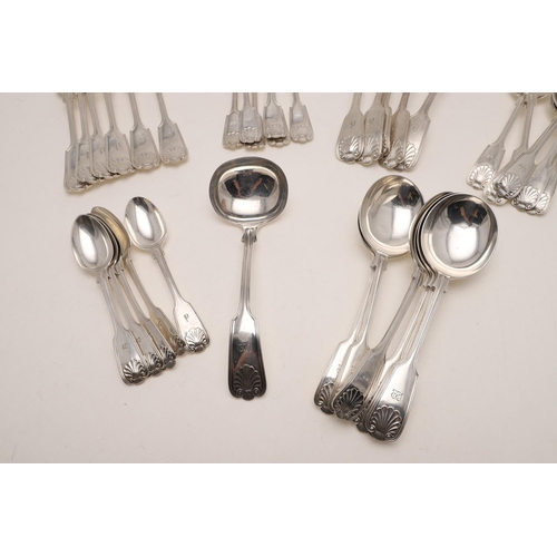 51 - A MATCHED PART-CANTEEN OF FIDDLE, THREAD & SHELL FLATWARE. including: 5 tablespoons, 6 table forks, ... 