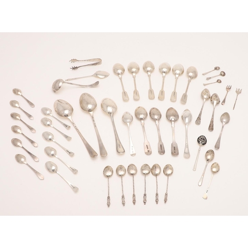 54 - A MIXED LOT OF FLATWARE:-. including a set of six Victorian Fiddle Pattern teaspoons, two 18th centu... 