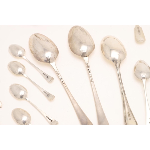 54 - A MIXED LOT OF FLATWARE:-. including a set of six Victorian Fiddle Pattern teaspoons, two 18th centu... 