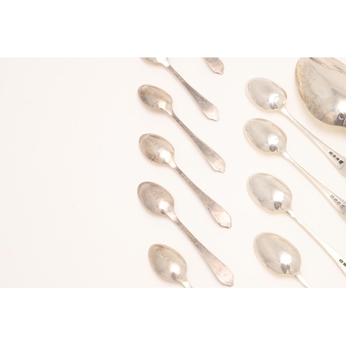 54 - A MIXED LOT OF FLATWARE:-. including a set of six Victorian Fiddle Pattern teaspoons, two 18th centu... 