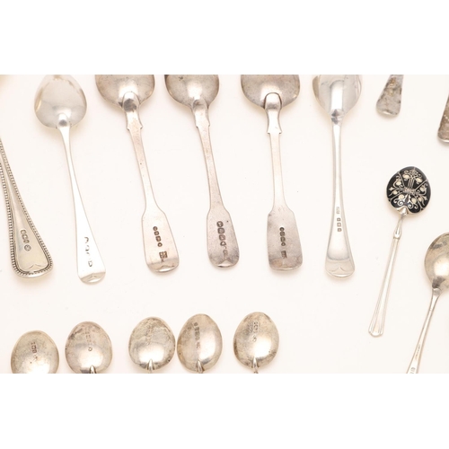 54 - A MIXED LOT OF FLATWARE:-. including a set of six Victorian Fiddle Pattern teaspoons, two 18th centu... 