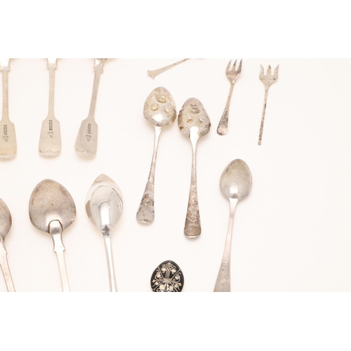 54 - A MIXED LOT OF FLATWARE:-. including a set of six Victorian Fiddle Pattern teaspoons, two 18th centu... 