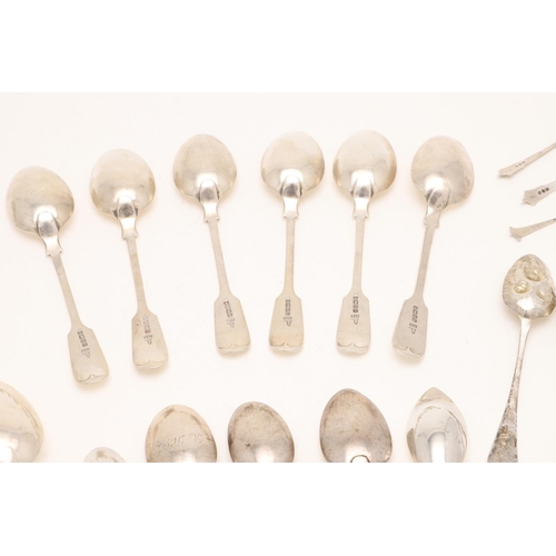 54 - A MIXED LOT OF FLATWARE:-. including a set of six Victorian Fiddle Pattern teaspoons, two 18th centu... 