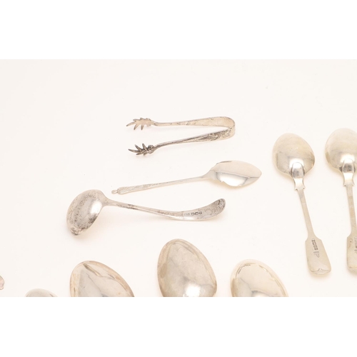 54 - A MIXED LOT OF FLATWARE:-. including a set of six Victorian Fiddle Pattern teaspoons, two 18th centu... 