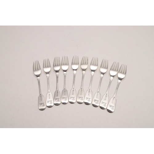 56 - A SET OF TEN WILLIAM IV IRISH DESSERT FORKS. Fiddle Pattern, crested, by James Le Bas, Dublin 1836; ... 