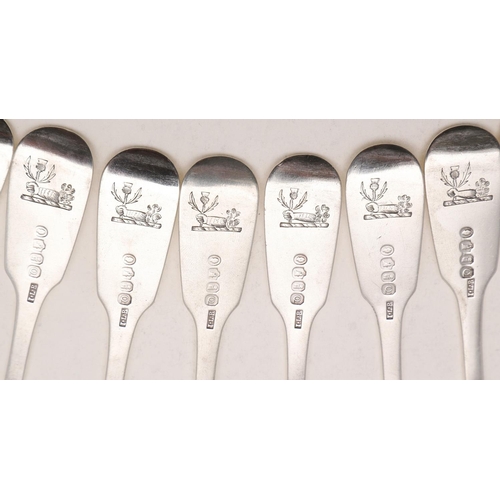 56 - A SET OF TEN WILLIAM IV IRISH DESSERT FORKS. Fiddle Pattern, crested, by James Le Bas, Dublin 1836; ... 