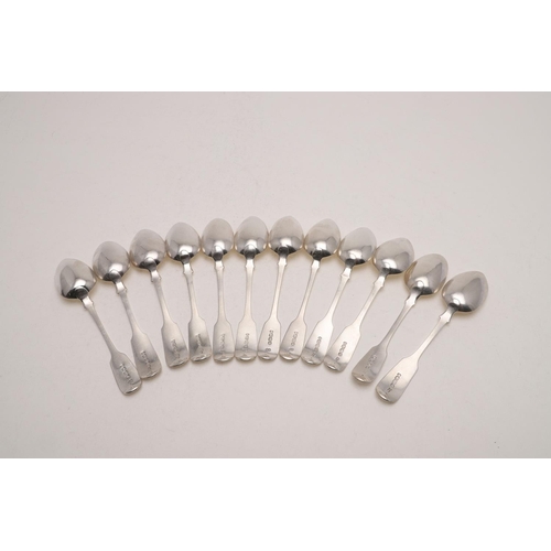 59 - A SET OF ELEVEN VICTORIAN, WEST-COUNTRY PROVINCIAL FIDDLE PATTERN DESSERT SPOONS. by John Stone, Exe... 