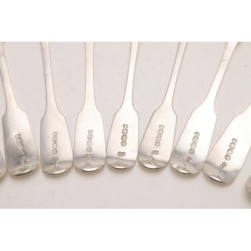 59 - A SET OF ELEVEN VICTORIAN, WEST-COUNTRY PROVINCIAL FIDDLE PATTERN DESSERT SPOONS. by John Stone, Exe... 