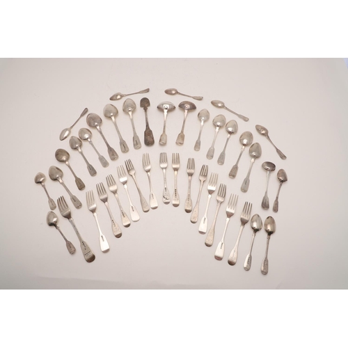 60 - MISCELLANEOUS FIDDLE PATTERN FLATWARE. including: 3 tablespoons, 14 dessert forks, 9 dessert spoons,... 