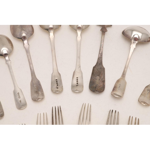 60 - MISCELLANEOUS FIDDLE PATTERN FLATWARE. including: 3 tablespoons, 14 dessert forks, 9 dessert spoons,... 