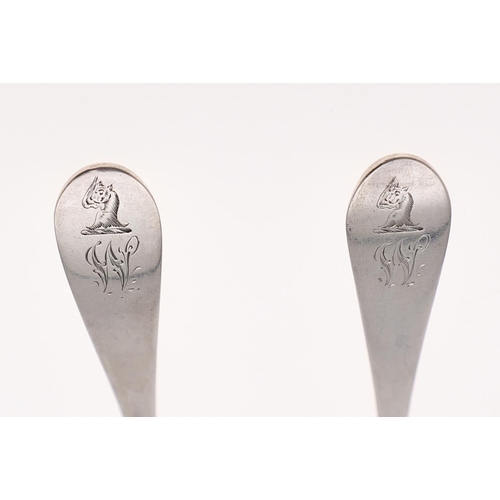 64 - A PAIR OF GEORGE III NORTH-COUNTRY PROVINCIAL TABLE SPOONS. Old English Pattern, crested and initial... 