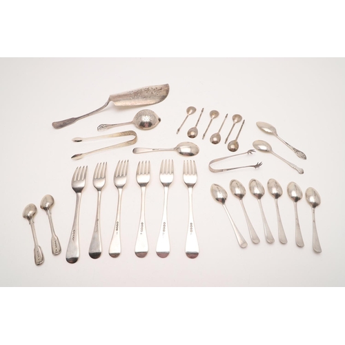 65 - A MIXED LOT OF FLATWARE:-. a set of 6 Old English teaspoons & matching sugar tongs with engraved ste... 