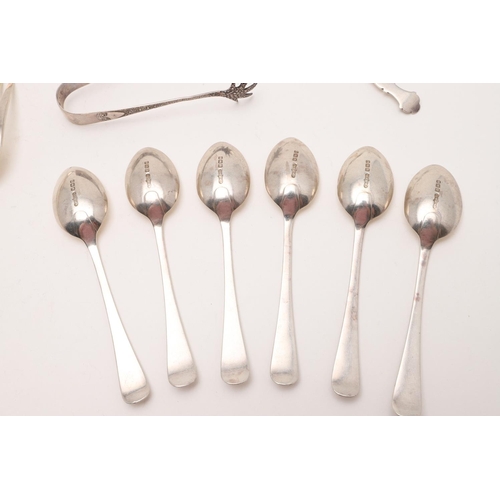 65 - A MIXED LOT OF FLATWARE:-. a set of 6 Old English teaspoons & matching sugar tongs with engraved ste... 