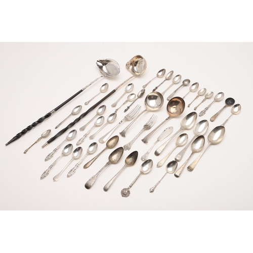 68 - MIXED FLATWARE:-. 28 teaspoons, 3 dessert spoons, 2 dessert forks, 2 condiment spoons, a pair of sau... 