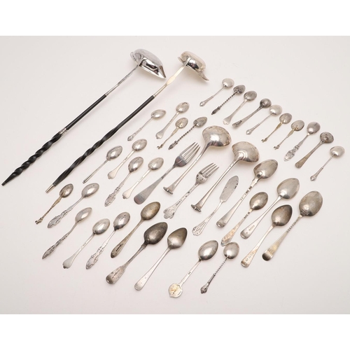 68 - MIXED FLATWARE:-. 28 teaspoons, 3 dessert spoons, 2 dessert forks, 2 condiment spoons, a pair of sau... 