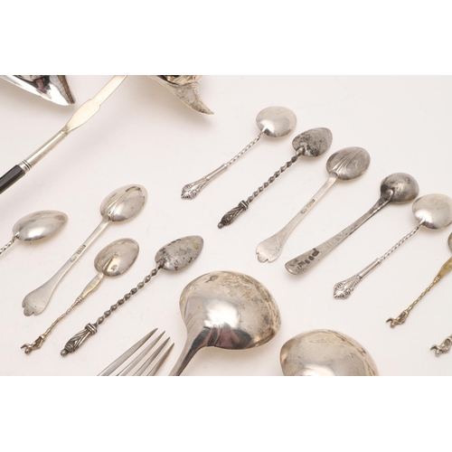 68 - MIXED FLATWARE:-. 28 teaspoons, 3 dessert spoons, 2 dessert forks, 2 condiment spoons, a pair of sau... 