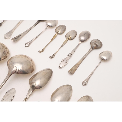 68 - MIXED FLATWARE:-. 28 teaspoons, 3 dessert spoons, 2 dessert forks, 2 condiment spoons, a pair of sau... 