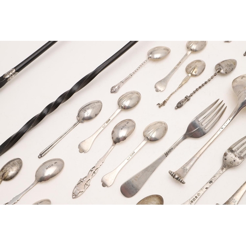 68 - MIXED FLATWARE:-. 28 teaspoons, 3 dessert spoons, 2 dessert forks, 2 condiment spoons, a pair of sau... 