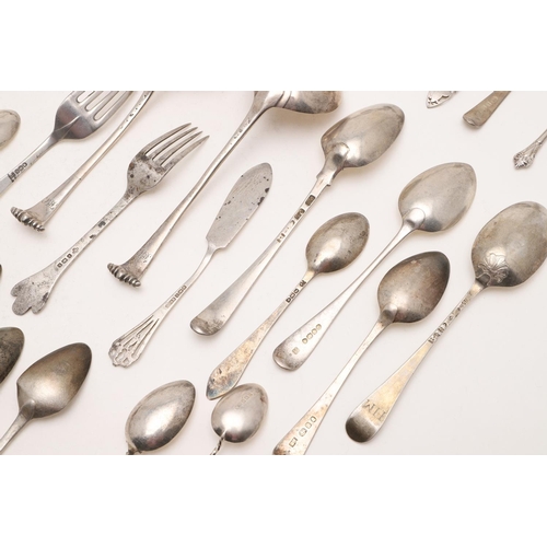 68 - MIXED FLATWARE:-. 28 teaspoons, 3 dessert spoons, 2 dessert forks, 2 condiment spoons, a pair of sau... 