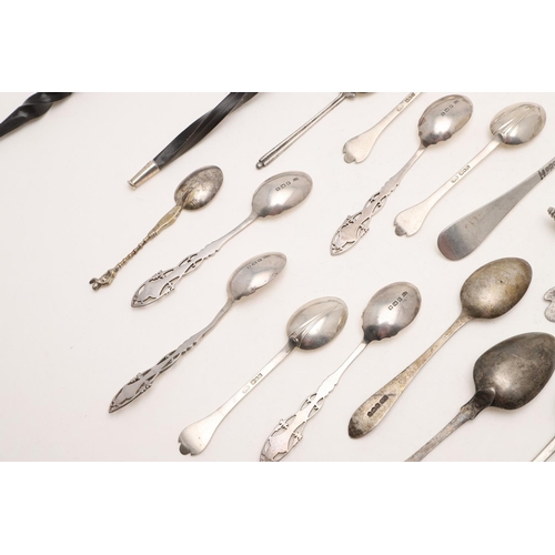 68 - MIXED FLATWARE:-. 28 teaspoons, 3 dessert spoons, 2 dessert forks, 2 condiment spoons, a pair of sau... 