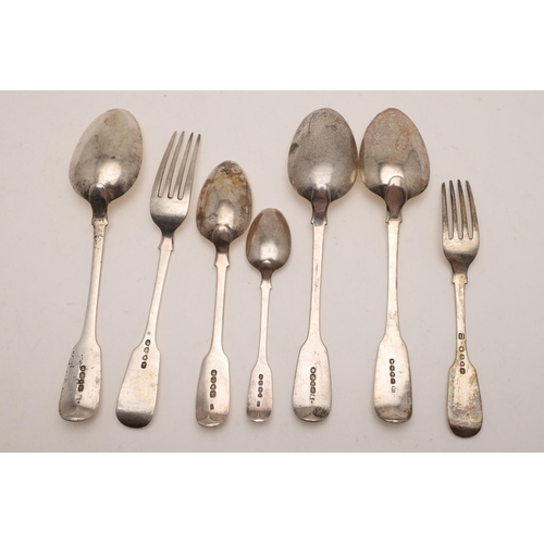 76 - MISCELLANEOUS FIDDLE PATTERN FLATWARE:-. 8 table forks, 3 tablespoons, 6 dessert forks, 8 dessert sp... 