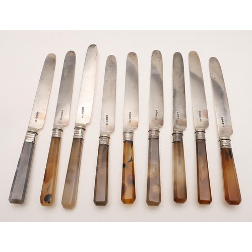 78 - A SUITE OF NINE GEORGE IV AGATE HANDLED DESSERT KNIVES. in three different sizes, contained in a cas... 