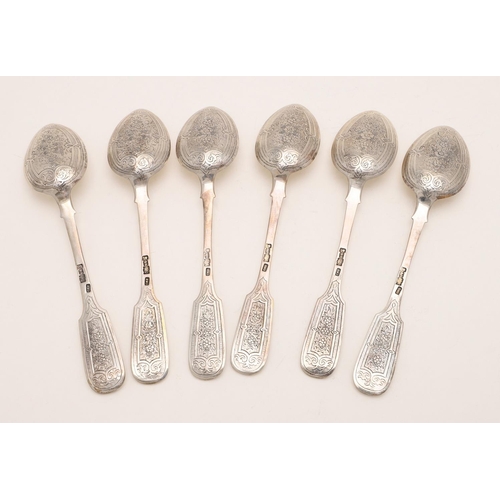 79 - A CASED SET OF SIX 19TH CENTURY RUSSIAN FIDDLE PATTERN DESSERT SPOONS. the reverse of the bowls, ter... 