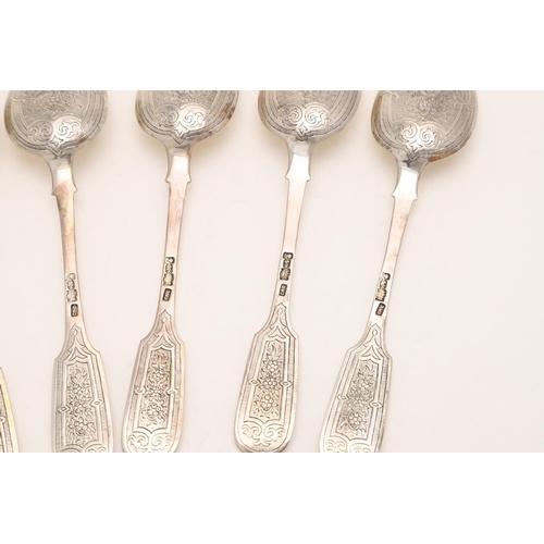 79 - A CASED SET OF SIX 19TH CENTURY RUSSIAN FIDDLE PATTERN DESSERT SPOONS. the reverse of the bowls, ter... 