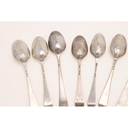 8 - A SET OF SIX GEORGE III OLD ENGLISH PICTURE-BACK TEASPOONS. with oyster heels, maker's mark 