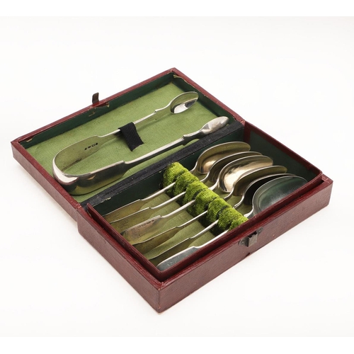 80 - A VICTORIAN CASED SET OF SIX WEST-COUNTRY PROVINCIAL TEASPOONS & MATCHING SUGAR TONGS. initialled, c... 