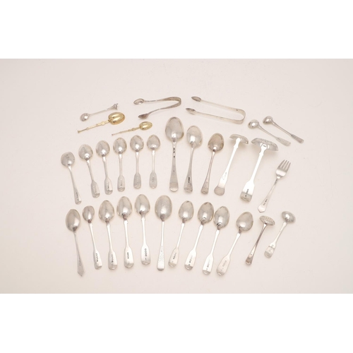 90 - MISCELLANEOUS FLATWARE. including 12 Fiddle teaspoons, 2 Old English dessert spoons, a Hanoverian ta... 