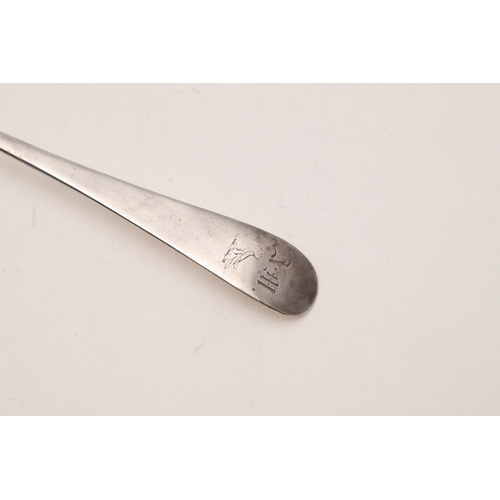 94 - A GEORGE III OLD ENGLISH IRISH BASTING SPOON. initialled & crested, makers mark worn, Dublin 1814; 1... 