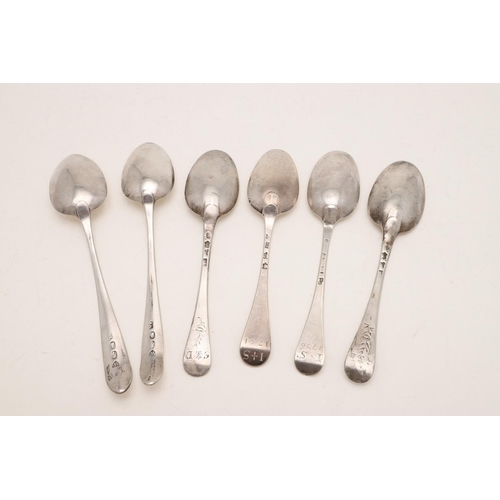 95 - SIX 18TH CENTURY SPOONS:-. a pair of Irish tablespoons with Celtic points, crested,  by Michael Keat... 