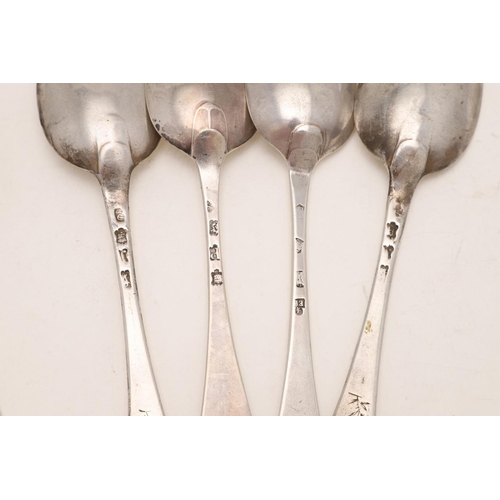 95 - SIX 18TH CENTURY SPOONS:-. a pair of Irish tablespoons with Celtic points, crested,  by Michael Keat... 