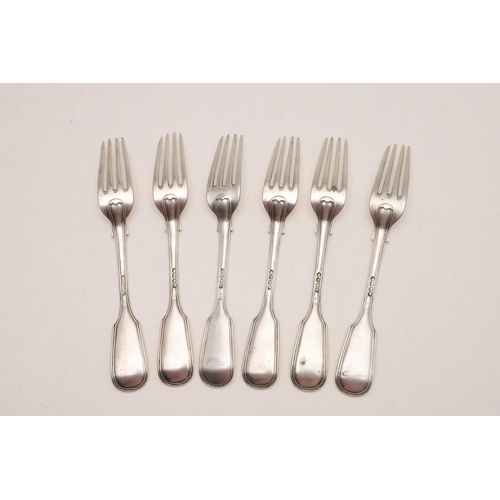 98 - A SET OF SIX VICTORIAN FIDDLE & THREAD TABLE FORKS. crested, by Lewis Samuel, London 1839; 17.3ozt (... 