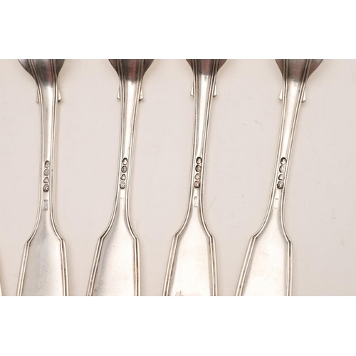 98 - A SET OF SIX VICTORIAN FIDDLE & THREAD TABLE FORKS. crested, by Lewis Samuel, London 1839; 17.3ozt (... 