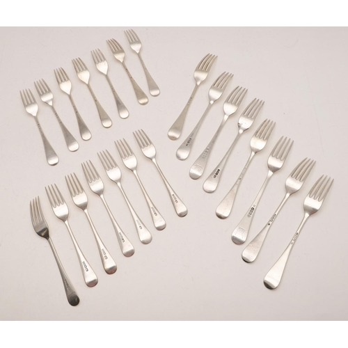 99 - MISCELLANEOUS OLD ENGLISH PATTERN FLATWARE:-. 8 table forks & 14 dessert forks, some pieces crested,... 