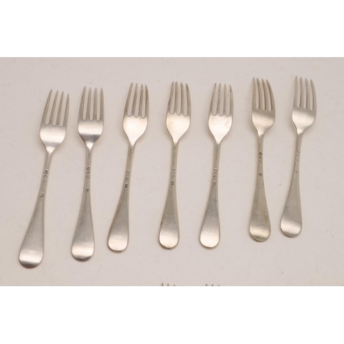 99 - MISCELLANEOUS OLD ENGLISH PATTERN FLATWARE:-. 8 table forks & 14 dessert forks, some pieces crested,... 