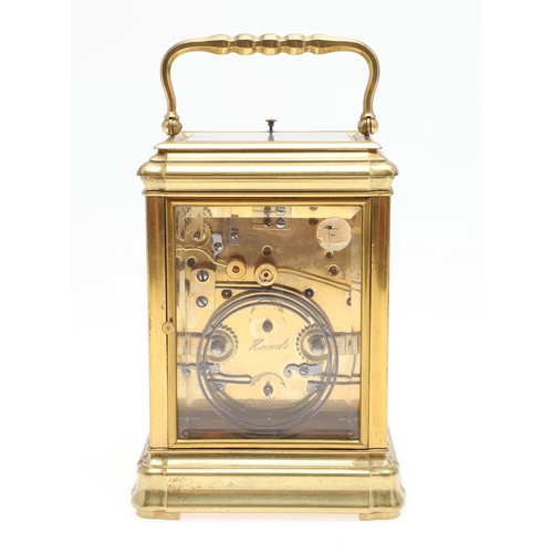 1420 - A LARGE MID 19TH CENTURY BRASS REPEATING CARRIAGE CLOCK. the Roman numeral dial with subsidiary alar... 