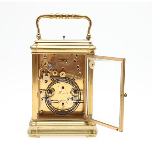 1420 - A LARGE MID 19TH CENTURY BRASS REPEATING CARRIAGE CLOCK. the Roman numeral dial with subsidiary alar... 