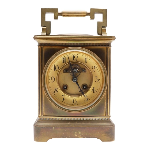 1423 - A LATE 19TH CENTURY FRENCH BRASS COMPENDIUM MANTEL CLOCK. with inset circular silvered thermometer a... 