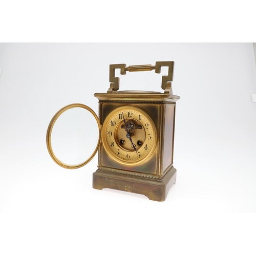 1423 - A LATE 19TH CENTURY FRENCH BRASS COMPENDIUM MANTEL CLOCK. with inset circular silvered thermometer a... 