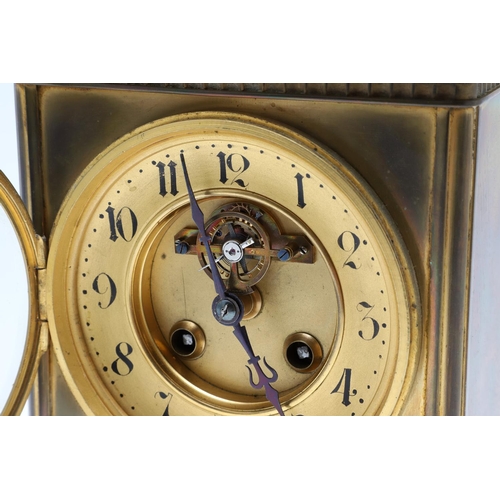 1423 - A LATE 19TH CENTURY FRENCH BRASS COMPENDIUM MANTEL CLOCK. with inset circular silvered thermometer a... 