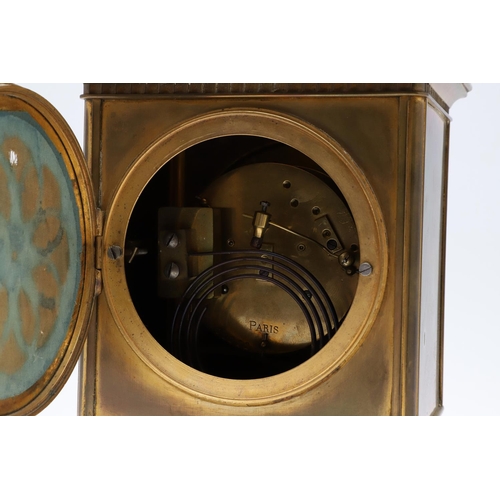 1423 - A LATE 19TH CENTURY FRENCH BRASS COMPENDIUM MANTEL CLOCK. with inset circular silvered thermometer a... 