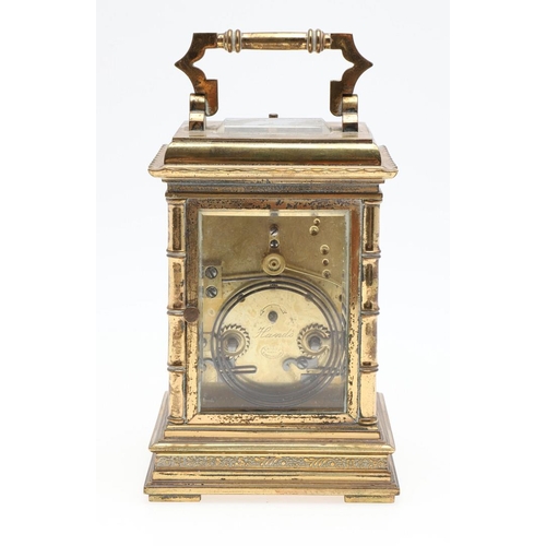 1424 - A LARGE FRENCH BRASS REPEATING CARRIAGE CLOCK. the brass two train movement stamped serial number '1... 