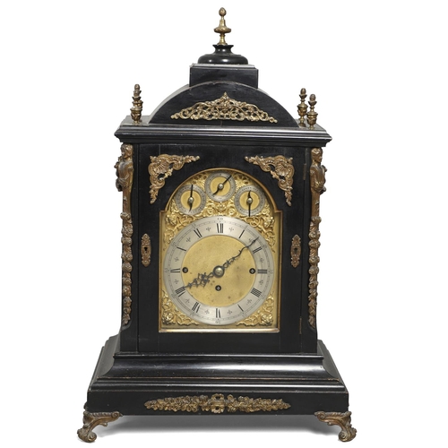 1432 - A GEORGE II STYLE EBONISED AND GILT METAL MOUNTED THREE TRAIN BRACKET CLOCK. the 7